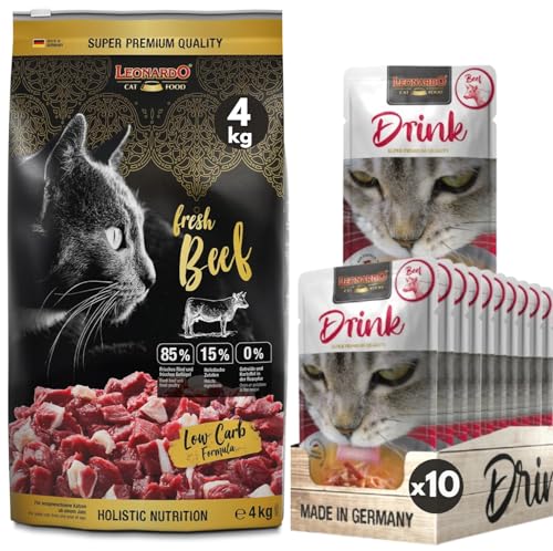 Leonardo Katzenfutter Fresh Beef Poultry 4kg Leonardo Drink Beef 10x40g Multipack Sorte Rind Katzendrink Trockenfutter mit 85% Frischfleisch für Katzen Alleinfuttermittel