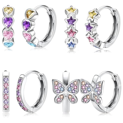JeweBella 4 Paar Kleine für Mädchen Kinder Hypoallergen Schmetterling Blumen Silberne Pin Rosa Lila Blau Bunt Zirkonia Kreolen