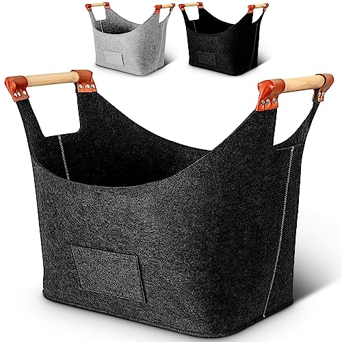 Xcelenze - XXL Kaminholzkorb mit Holzgriff Filzkorb extra dicker Filz Holzkorb Filztasche faltbar auch als Einkaufskorb Auto Aufbewahrungskorb für Holz Zeitungen Kaminholz Dunkelgrau