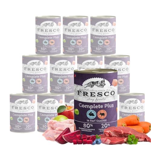FRESCO Dog NassBarf 12 x 400g Hundefutter Nass getreidefrei Mono-Protein 80% Frischfleisch Nassfutter für Hunde ohne künstliche Zusätze Aus Deutschland Kaninchen