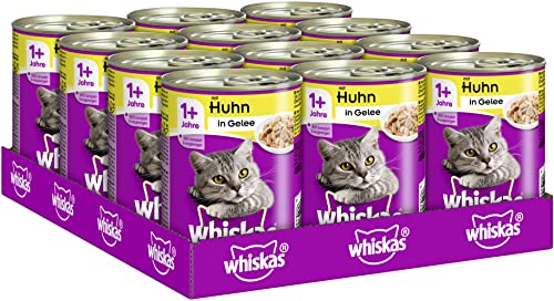 Whiskas Katzenfutter Nassfutter Adult 1 mit Huhn in Gelee 12 Dosen 12 x 400g