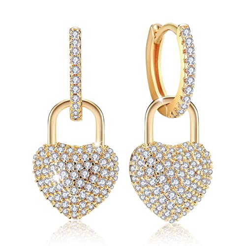 Ohrringe Hängend Gold Creolen 14 Karat Vergoldete Herz Anhänger mit AAA Zirkonia Damen Ohrring für Frauen Mädchen