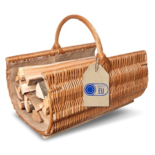 Creative Home Groß Kaminkorb Holzkorb Kaminholzkorb 60 x 45 x 50 cm -2cm Aufbewahrung Oval Weidenkorb für Kaminholz Holz Braun Dick Weide Feuerholzkorb mit Juteeinlage Holztrage Tragekorb