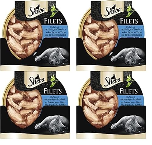 SHEBA Schale Nassfutter für Katzen Filets Huhn mit nachhaltigem Thunfisch 16 x 60g Packung mit 2