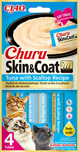 INABA Churu Skin Coat - Pürierte Katzenleckerlis mit Thunfisch und Jakobsmuschel - Omega 3 6 und Taurin - Felinen Snacks Cremige Textur - Futter für Katzen Haut Fell - 48 Tuben x 14g