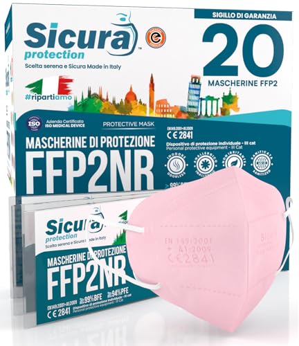 20 CE zertifizierte FFP2 Masken Rosa Geprägtes Logo SICURA BFE 99% Made in Italy SANITIZED und einzeln versiegelt FFP2-Masken