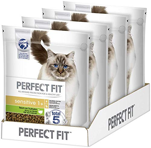 Perfect Fit Sensitive 1 Trockenfutter für erwachsene sensible Katzen ab 1 Jahr Reich an Truthahn Ohne Weizen und Soja Unterstützt die Verdauung 4 x 1.4 kg