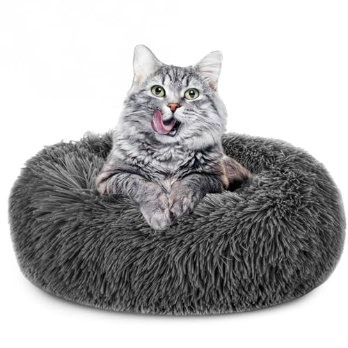 Amazinggirl Katzenbett flauschig 80 cm - Katzenkorb Katzenkissen Katzen Bett Katzenkörbchen Rund cat Bed Dunkelgrau
