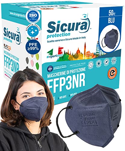 50x CE-zertifizierte FFP3 Masken Blau mit Schwarzen Gummibänder Made in Italy mit aufgedrucktem SICURA-Logo PFE 99% BFE 99% SANIFIZIERT einzeln versiegelt