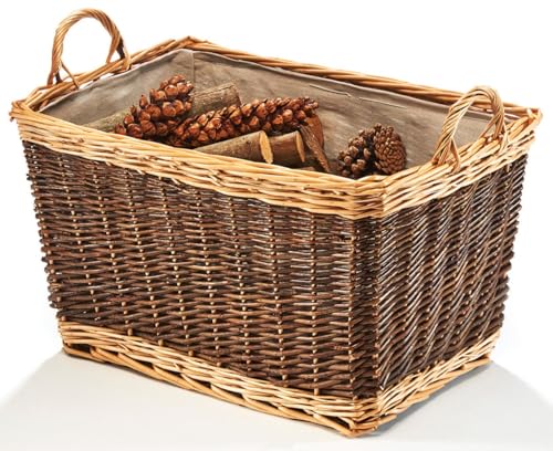 Kobolo Holzkorb aus Weide Korb für Feuerholz mit Juteeinsatz 57x 37x 40cm zweifarbig braun beige Kaminholzkorb für Holz für Transport und Dekoration im Wohnzimmer Flur Küche Schlafzimmer