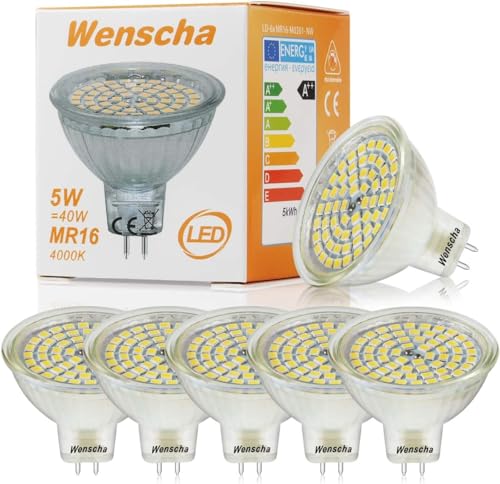 Wenscha MR16 LED Neutralweiss 6er GU5.3 12V LED Lampe 5W Neutralweiß 4000K Tageslicht Ersetzt 40W Glühlampe Kein Stroboskopeffekt 400Lumen Birne Leuchtmittel 120 Abstrahwinkel Spot