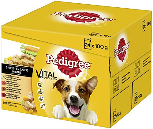 Pedigree Vital Protection Hundenassfutter im Beutel Hundefutter in Sauce mit Huhn Rind Truthahn Lamm 2 x 24 x 100g Großpackung