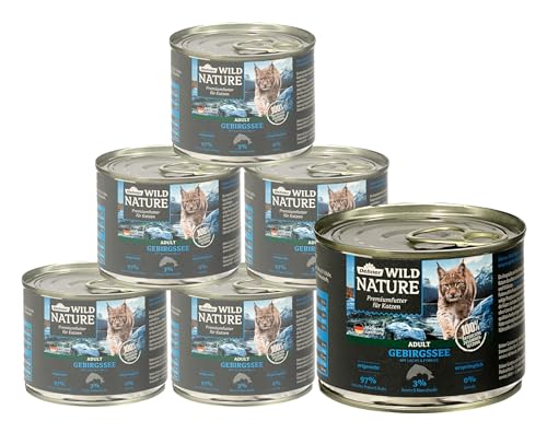 Dehner Wild Gebirgssee Nassfutter getreidefrei für ausgewachsene Katzen Lachs Forelle 6x 200g Dose 1.2