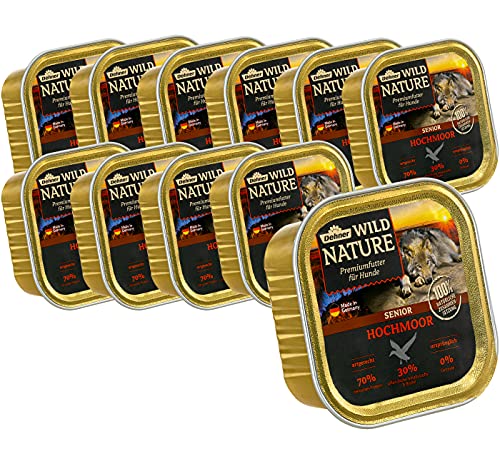 Dehner Wild Nature Hundefutter Hochmoor Nassfutter getreidefrei zuckerfrei für ältere Hunde Ente 11 x 150 g Schale 1.65 kg