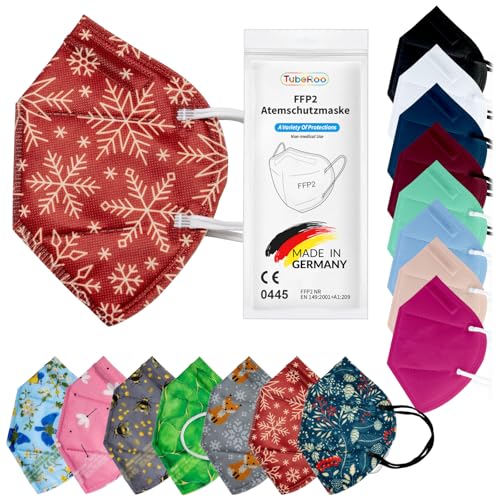 TubeRoo FFP2 Maske Dunkelrot Bordeaux Rot Kristalle Motiv Muster 10 Stück Masken aus Deutschland Made in Germany weiche Ohrschlaufen Bänder Atemschutzmaske Mundschutz Schutzmaske Allergie