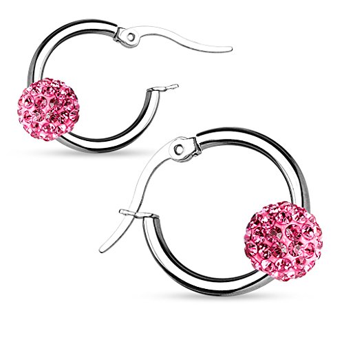 Mianova Damen Creolen Edelstahl mit Zirkonia Shamballa Strass Steinen Perle Anhänger Ohrringe Huggie Kreolen Rund Schmal Silber Pink