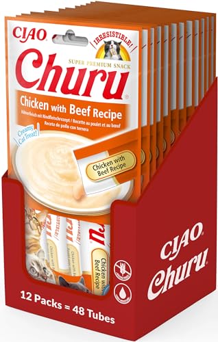 INABA Churu Püree Katzen-Leckerli - Katzenpaste zum Füttern aus der Hand - Katzensticks mit Hund Rindfleisch - 12 Packung 48 Sticks