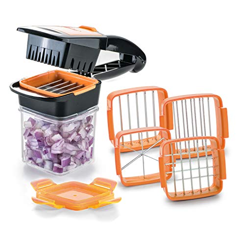 Genius Nicer Dicer Quick Zerkleinerer für Obst und Gemüse 5 in 1 Multischneider mit austauschbaren Messereinsätzen 30 Würfel oder 10 Scheiben mit einem klick Orange Edelstahl 8 x 12 x 21 cm