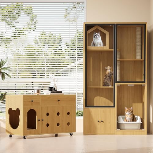 Katzenvilla Katzentoilette-Schrank Haustiermöbel-Set Glas-Katzenhaus Katzenstreu-Schrank für mehrere Katzen geeignetes Möbel Gelbe Ahornholzfarbe