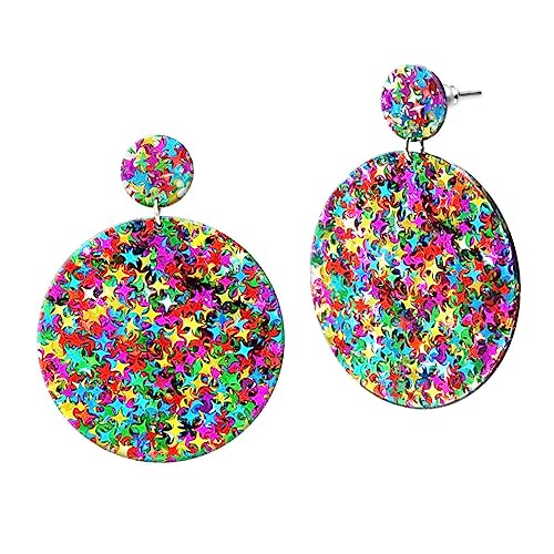 Soul-Cats Statement Ohrringe Sternenglitzer XXL Creolen 50 mm Leuchtende Farben Retro Hippie Boho Schmuck