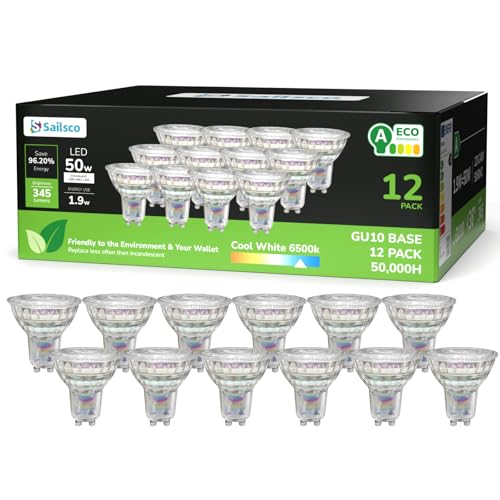sailsco Energieklasse A LED Kaltweiss 1.9W 345LM 6500K Kaltweiß GU 10 Spot Energiesparlampe 50W Glühbirne Ersetzt 36 Grad Abstrahlwinkel G10 Leuchtmittel Nicht Birne Glas 12 Stück