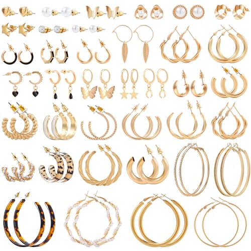 38 Paar Gold Creolen Ohrringe Set für Damen Ohrringe Gold Hängend aus Hypoallergen Chirurgenstahl Perlen Acryl