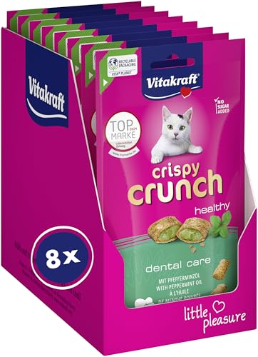 Vitakraft Crispy Crunch Classic Katzen Leckerli knuspriger Katzensnack gefüllt mit Pfefferminzöl Vorratsgröße ohne Zusatz von Zucker 8x 60g