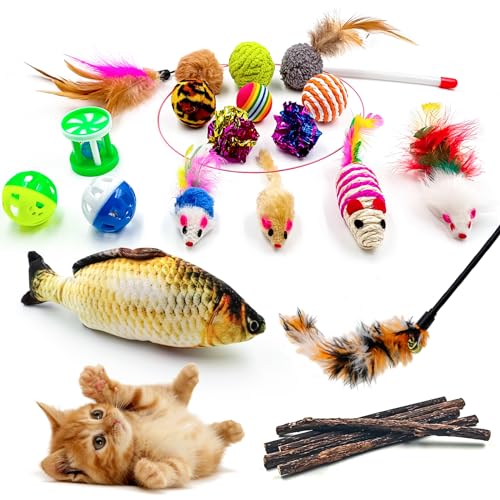 GaiusiKaisa Katzenspielzeug Set 23 Teile mit Katzenminze Interaktive Spielmäuse Federn Angel Bälle Matatabi Spielzeug für Kitten und Katzen Premium Katzen Spielset für Unterhaltung