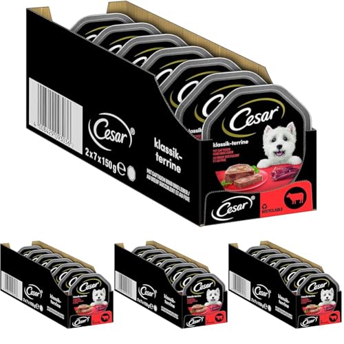 Cesar Adult Hundenassfutter Klassik-Terrine mit saftigem Rind und Leber 14 Schalen 14x150g Premium Hundefutter nass ohne Zuckerzusatz künstliche Aroma oder Farbstoffe Packung mit 4