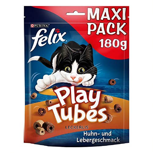 FELIX Play Tubes Katzensnack Leckerli zum Spielen mit Huhn- Lebergeschmack 5er Pack 5 x 180g