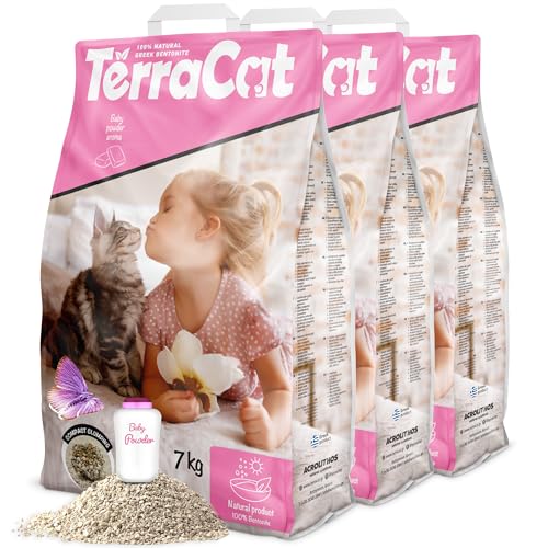 TerraCat katzenstreu 27L - 3er Pack Cat Litter 100% Griechischer Bentonit Katzenstreu Klumpstreu Hohe Saugfähigkeit Klumpstreu für Katzen Staubfrei Katzenstreu Klumpend Baby Puder Duft 21Kg