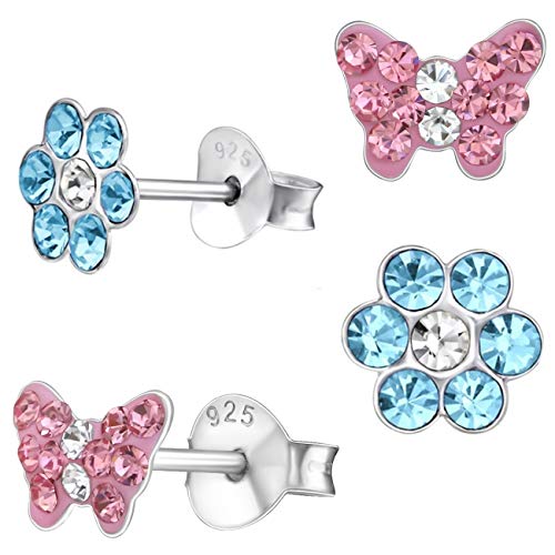 2 Paar Rosa Ohrstecker Kleine Kristall Schmetterling Blume 925 Echt Silber Mädchen Kinder Ohrringe Motiv-4 Rosa Blau