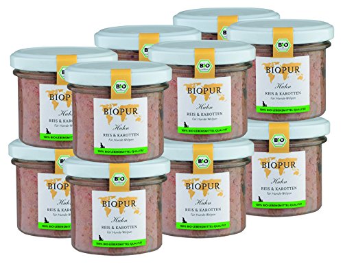 BIOPUR Bio Hundefutter Huhn Reis Karotten für Hunde-Welpen 12x100g
