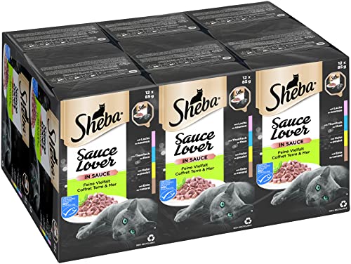 Sheba Sauce Lover Feine Häppchen Variation MSC mit Sauce für ausgewachsene Katzen 72 x 85g Katzennahrung in der Schale