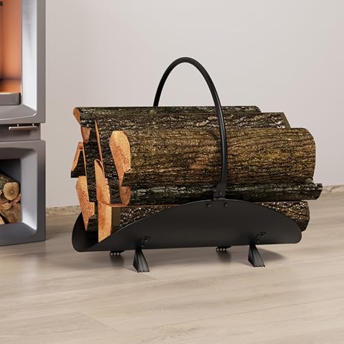 Kingson Schwarzer Holzkorb 48 x 34 x 37 cm moderne Kaminholzaufbewahrungslösung