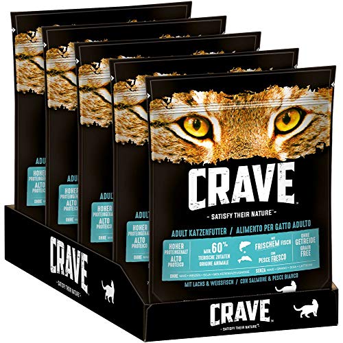 CRAVE Premium Trockenfutter mit Lachs Weißfisch für Katzen Getreidefreies Adult Katzenfutter mit hohem Proteingehalt 5 x 750 g