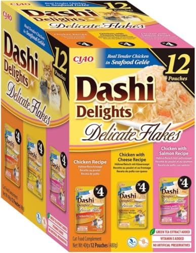 INABA Dashi Delights Katzenfutter Nass mit Echtes Hühnerfleisch Delicate Flakes Getreidefrei Zuckerfrei Keine Nebenerzeugnisse Premium Katzenleckerlis aus Japan 40 g 12er Pack