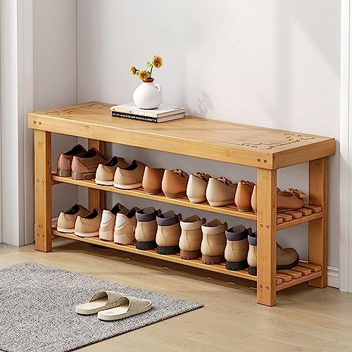 ZYFAB Bambus Schuhregalbank 3-stöckig Schuhregal für den Eingangsbereich Holz Sitzbank Schuhschrank Organizer für Flur Schlafzimmer und Eingangsbereich B 60CM