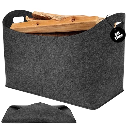 PEILU 2 Stück Filz Holzkörbe Tragbare Kaminholztasche mit Griff Faltbare Kaminholzkörbe Innen Außen 60L Vliesstoff Aufbewahrung Tasche für Brennholz Spielzeug Bücher Einkaufen Camping Dunkelgrau