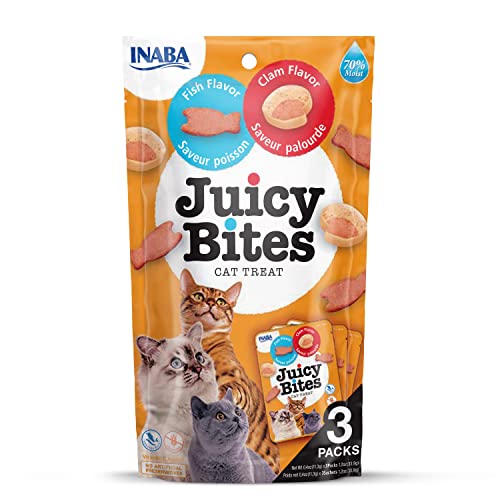 INABA Juicy Bites Katzen Leckerlie - Knabbertaschen mit saftigem Kern in lustigen Formen - Fisch und Venusmuschel