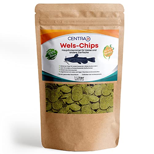Centra24 Wels-Chips 1 Liter Formstabile Wafer mit hohem Spirulina Anteil Vitaminen Futtertabletten Welsfutter Fischfutter für L-Welse Zierfische wiederverschließbar.