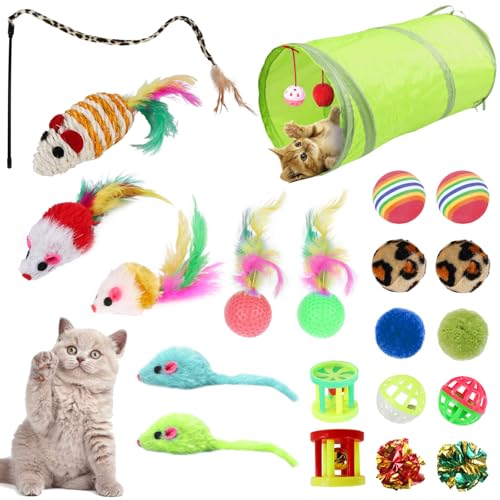 Yuqilin 21 Stück Katzenspielzeug Set Farbenfroh Cat Toys mit Katzentunnel Katzen Angel Plüsch-Pompon Kitten Spielzeug für Katzen Spielzeug Katzenspielzeug Feder Katzenangel Cat Toys for Indoor Cats