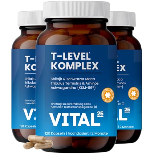 T-Level Testosteron Kapseln - hochdosiert mit Shilajit Ashwagandha KSM-66 Maca schwarz Bockshornklee Tribulus Cordyceps Bor Aminos - laborgeprüft vegan - 360 Kapseln für 6 Monate - Vital25