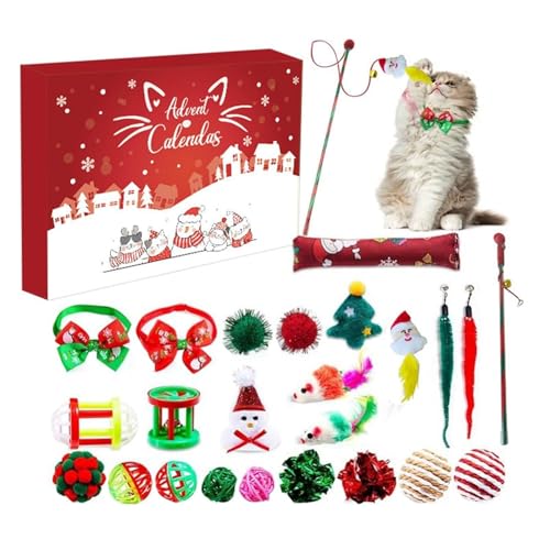 Katze Adventskalender 2025 Weihnachten Interaktives Spielzeug für Innen Weihnachtsgeschenke Halsbänder Fliege Feder Spielzeug Fisch Gefälschte Maus Glocke Bälle 24 Stück Katzenspielzeug Set für