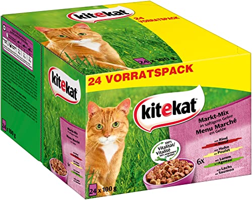 Kitekat Nassfutter Markt Mix in Gelee Feuchtfutter in 48 Portionsbeuteln 2er Pack 2x 24 Portionsbeutel 100g