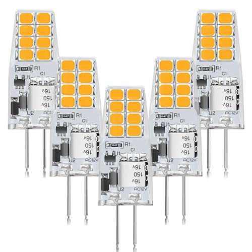 AGOTD G4 LED Warmweiß 3W LED Leuchtmittel ersetzt 30W Halogen G4 Birne 3000K 210lm 360 Kein Flackern nicht dimmbar Stiftsockellampe 12V AC DC Unterbauleuchten Dunstabzug 5er Pack