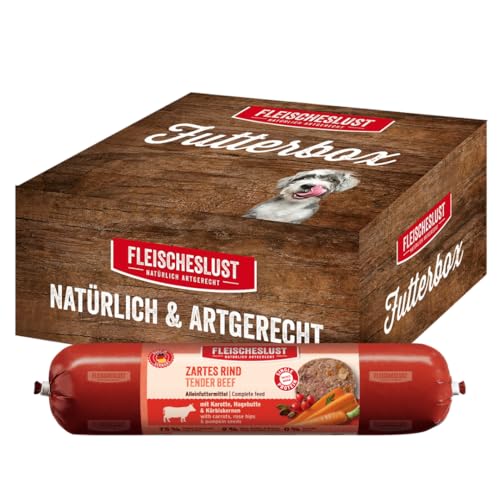 Fleischeslust Hundewurst Zartes Rind mit Karotte Hagebutte Kürbiskernen als Futterbox 6x800g Nassfutter-Wurst schnittfest getreidefrei Hundefutter für ausgewachsene Hunde