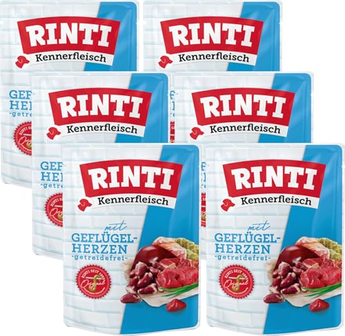 Rinti Kennerfleisch Geflügelherzen 6 x 400g Frischebeutel 70 % Fleisch Innereien Getreidefrei Mit Omega 3 Ballaststoffen Alleinfutter für ausgewachsene Hunde