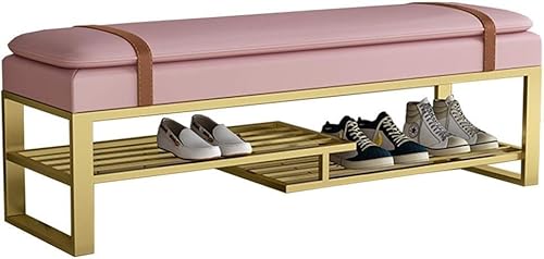 CATANK Schuhbank Sofahocker aus Leder und Stoff Doppelsitzkissen abgestuftes Schuhregal aus Metall zusätzlicher Sitz am Bettende Farbe Rosa Größe 80 cm