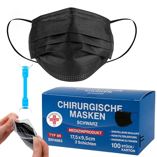 100 Medizinisch Type IIR Norm EN14683 zertifizierte Mundschutzmasken OP Masken 3 lagig Gesichtsmaske Einwegmaske BFE 98% surgical mask 100 Einheiten 1 Stück Schwarz 100